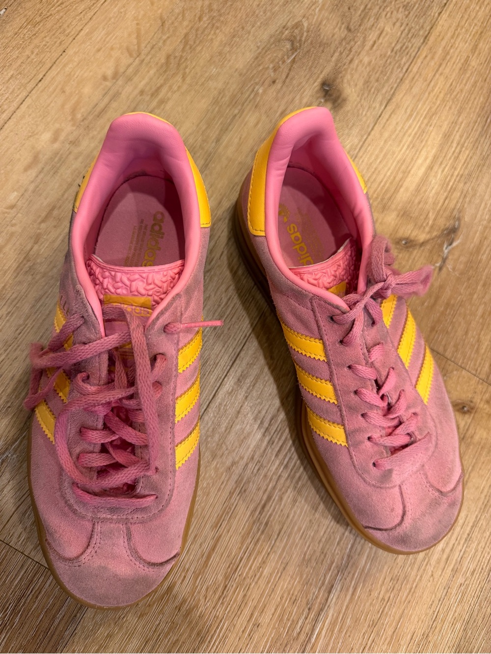 adidas Women's Pink and Yellow Suede Classic Sneakers